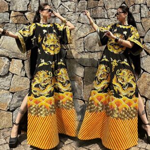 锦秀儿黑色刺绣海水龙纹方形水袖 袍子连衣裙 龙袍蟒袍原创定制中式