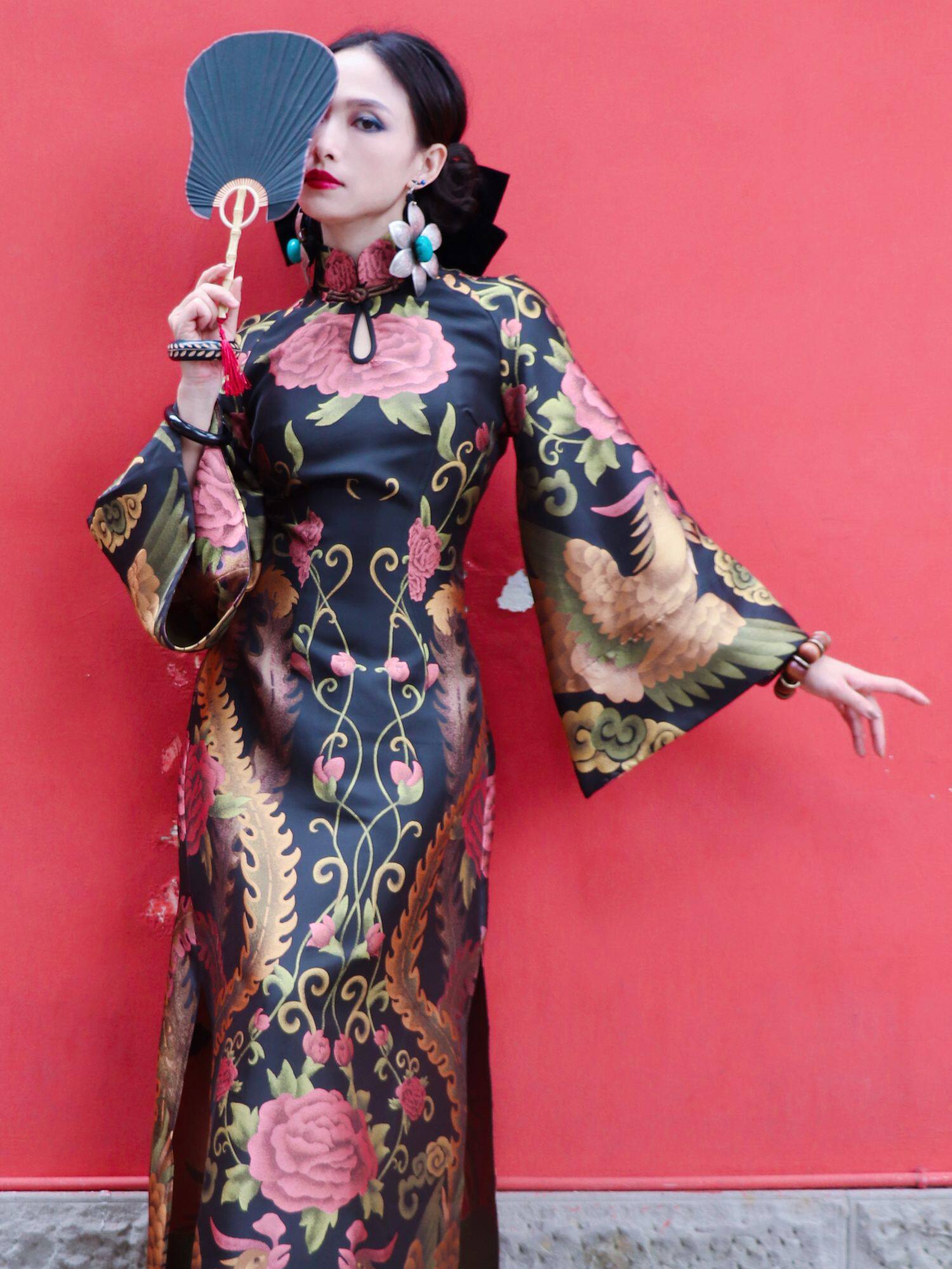 锦秀儿原创敦煌凤凰牡丹轻薄提花织锦立领喇叭长袖艺术民族风旗袍
