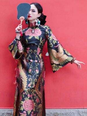 凤凰牡丹织锦喇叭袖修身长款旗袍