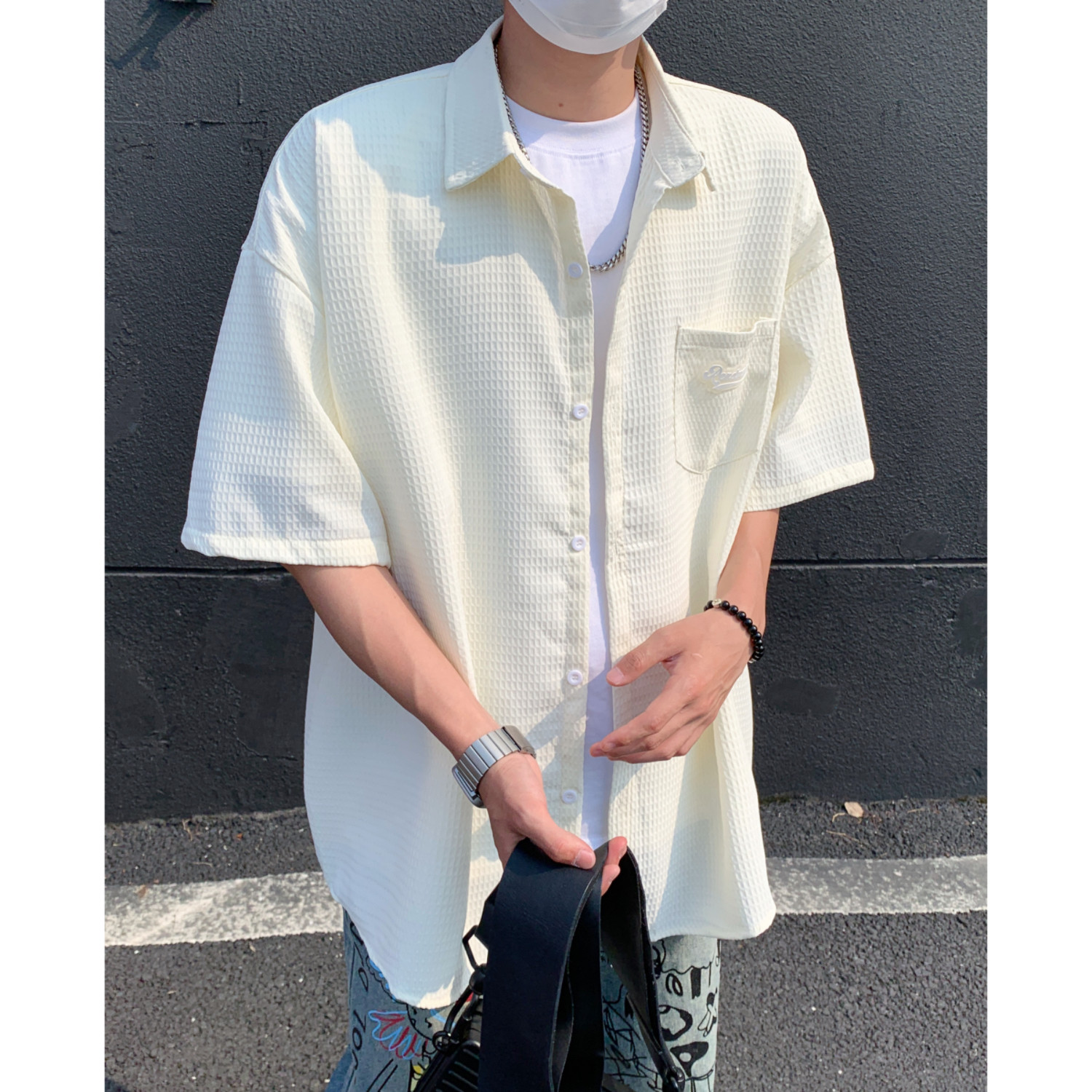 港风夏季清爽杏色宽松男女短袖衬衫C998P48，男装T恤，电商A433