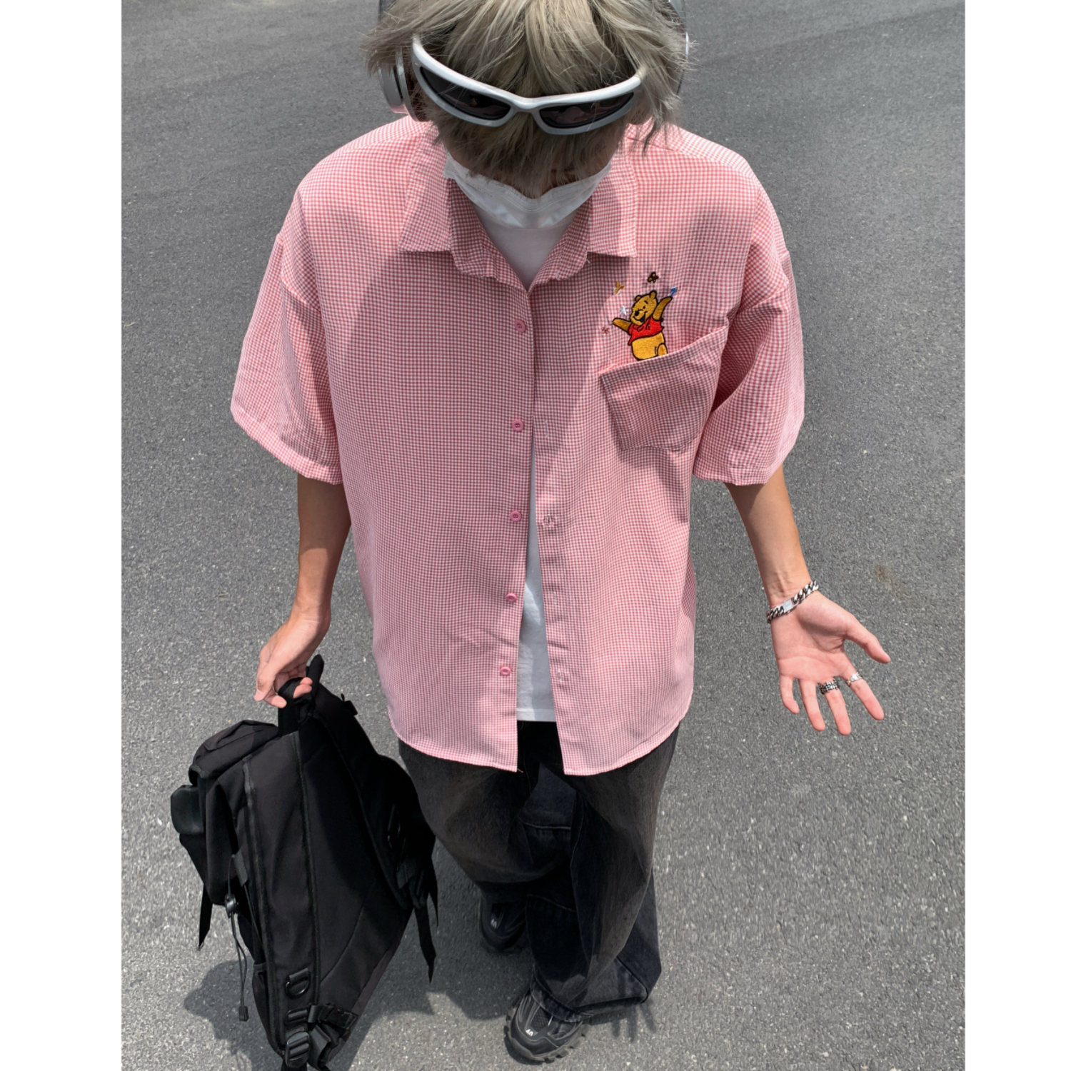 港风卡通刺绣格子男女情侣短袖宽松衬衫C5593P48，男装T恤，电商A433