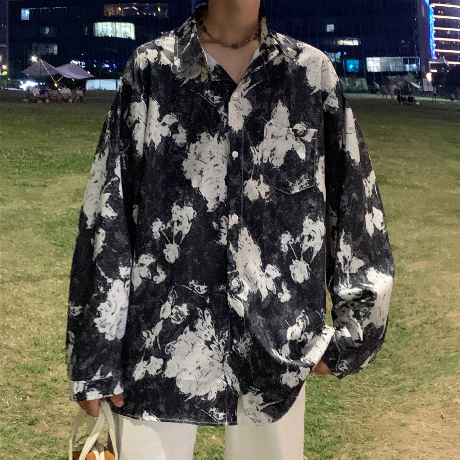 港风秋季潮流防晒宽松印花长袖男女情侣休闲衬衫C150P50,男装防晒衣,电商A433