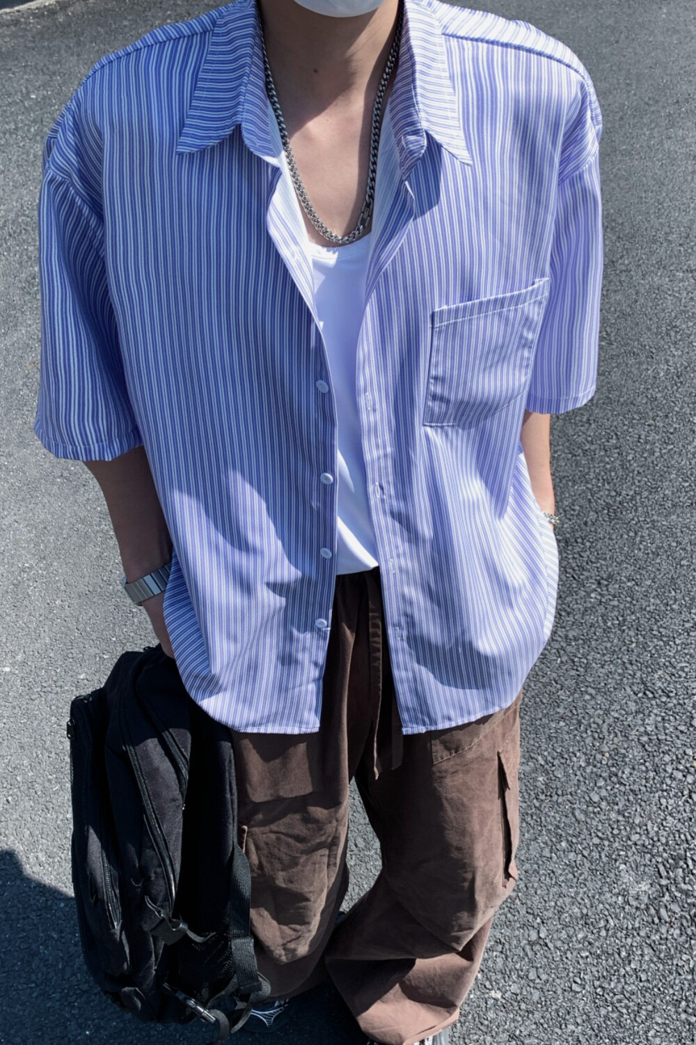 夏季清爽蓝色条纹男女情侣短袖衬衫C1030P40,男装衬衫,电商A433