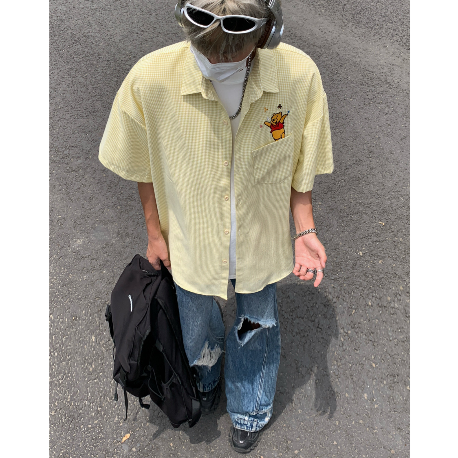 港风卡通刺绣格子男女情侣短袖宽松衬衫C5593P48,男装T恤,电商A433