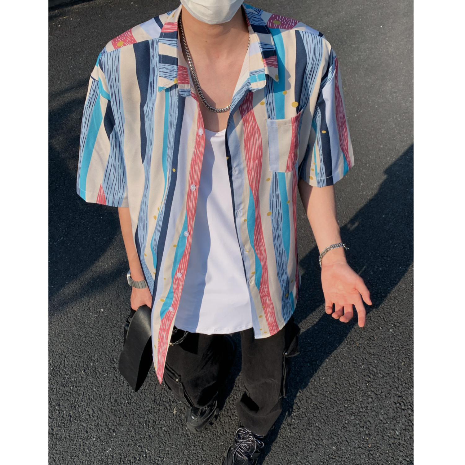 夏季彩色条纹宽松短袖衬衫 C4131 P40图片