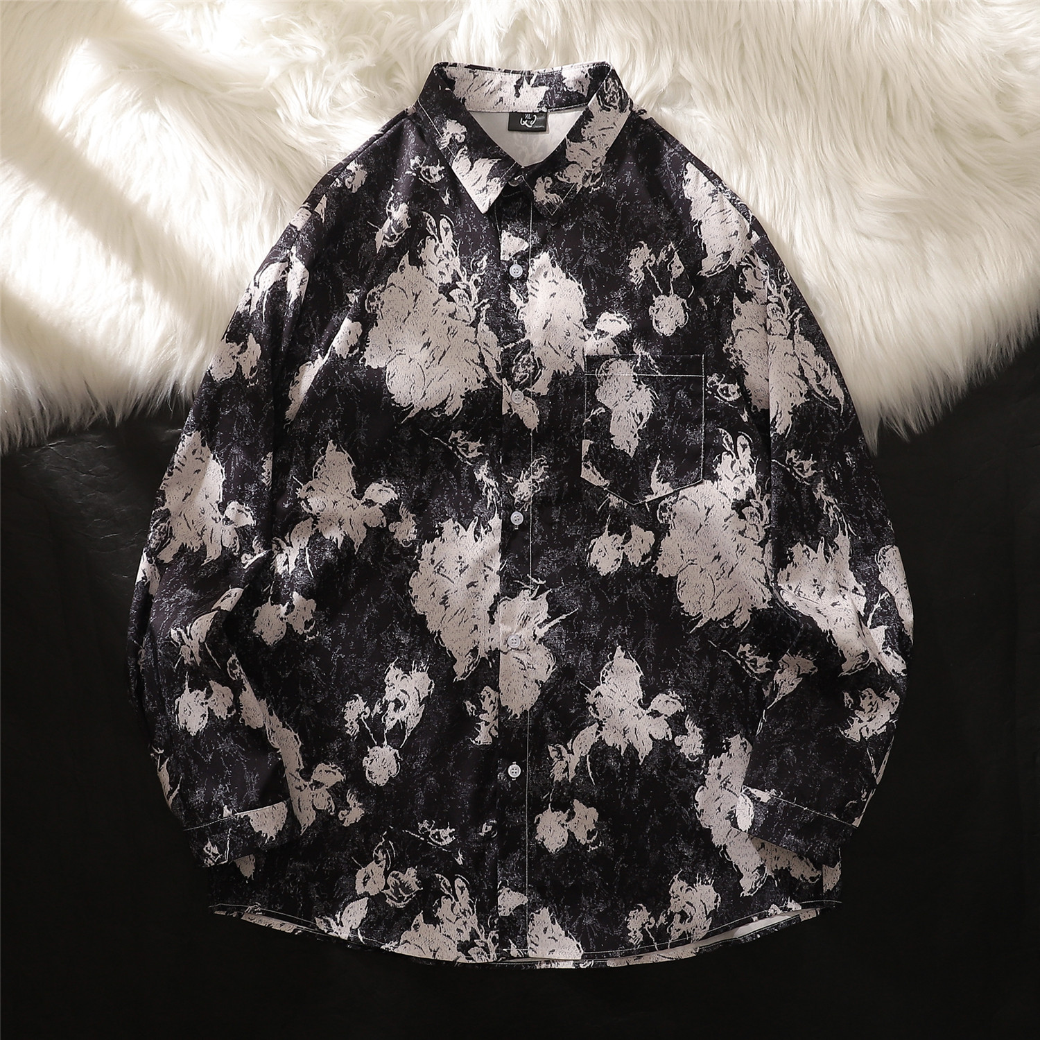 港风秋季长袖衬衫宽松印花薄款男女情侣上衣C150P50，男装衬衫，电商A433