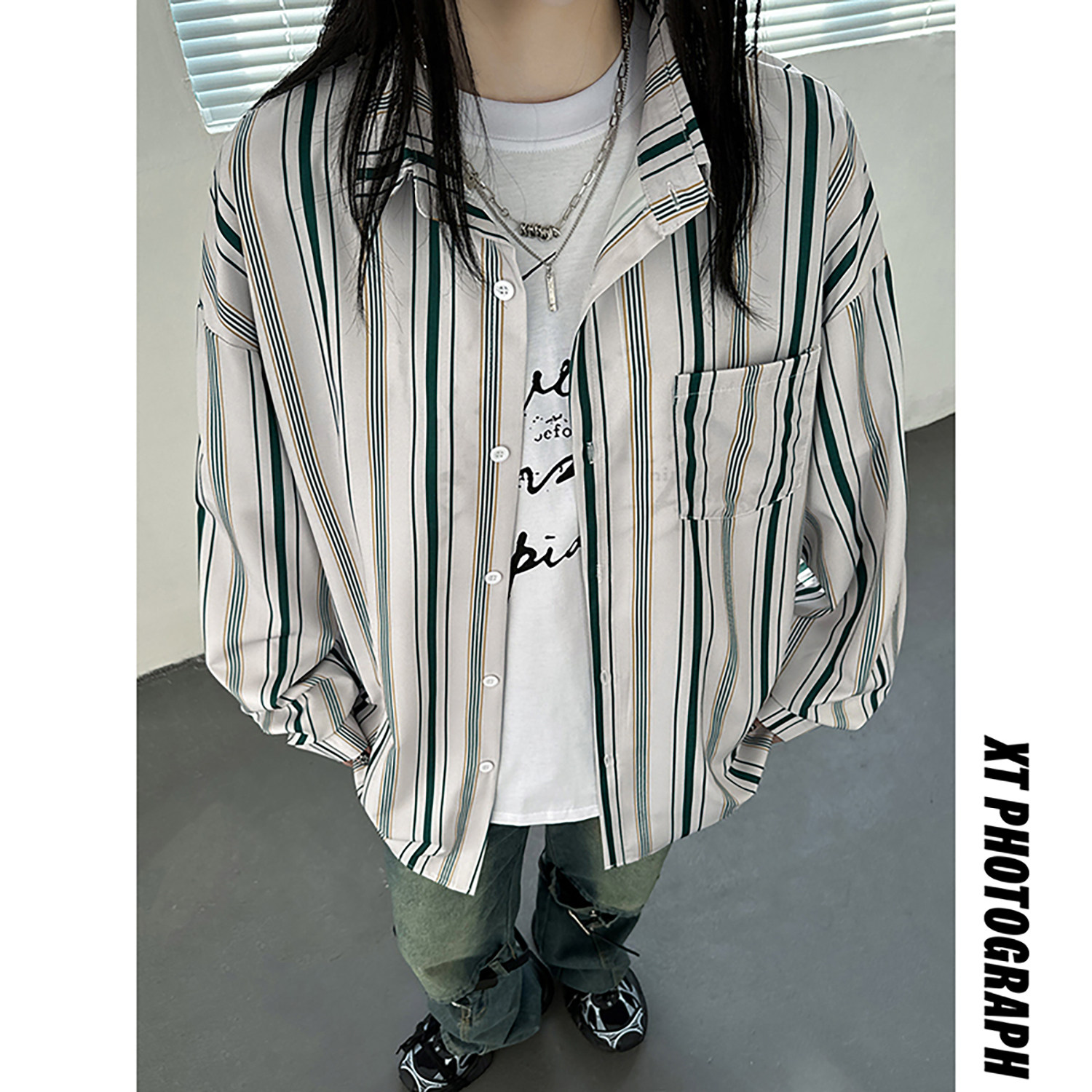 秋季男女宽松条纹长袖衬衫C5779P50,男装衬衫,电商A433