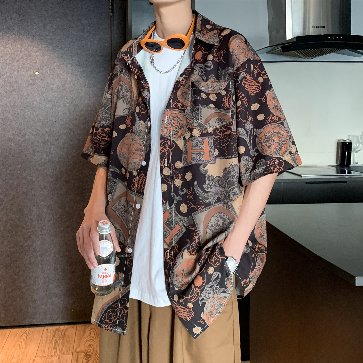 港风夏日防晒男女印花短袖衬衫C11P40,男装衬衫,电商A433