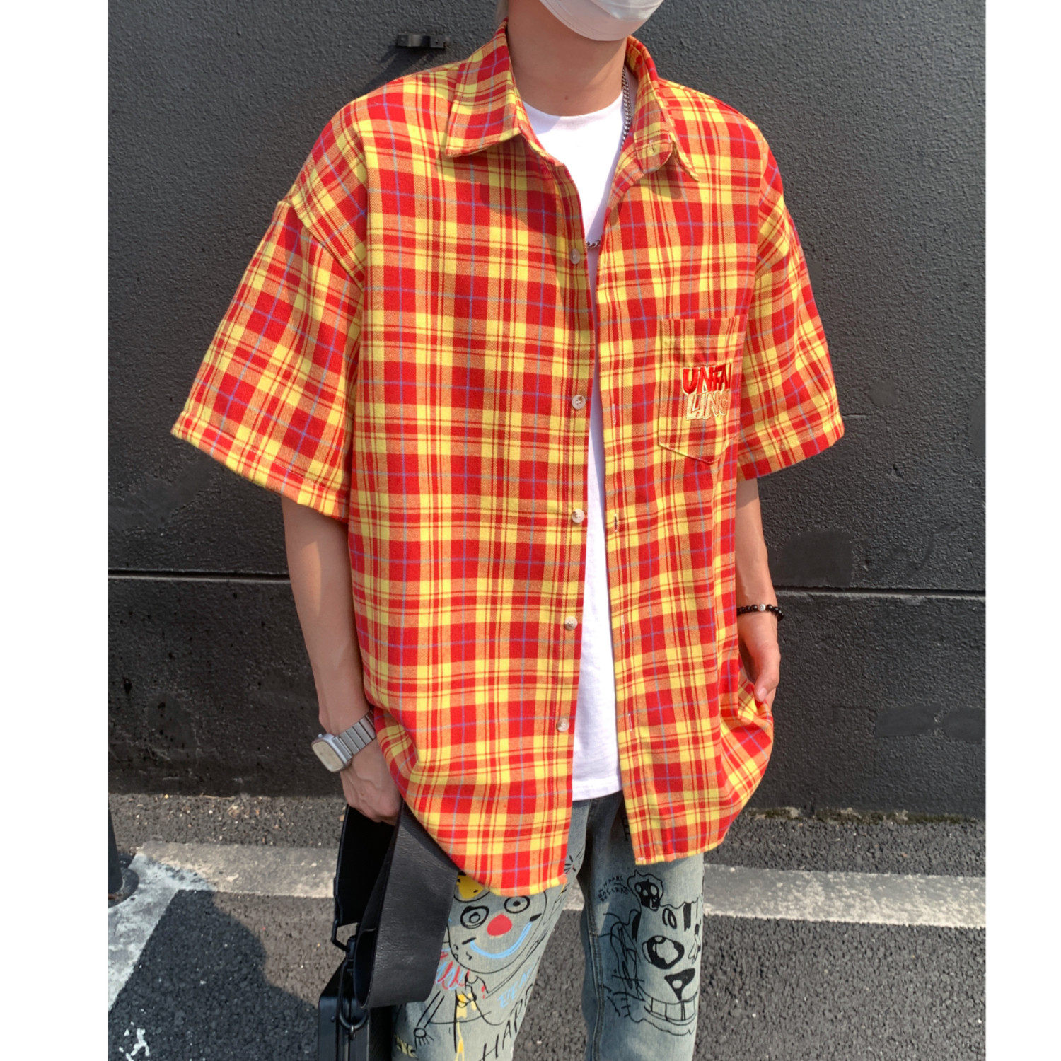 夏季格子男女短袖宽松衬衫C5596P48,男装T恤,电商A433