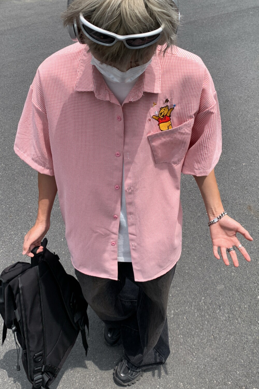 港风卡通刺绣格子男女情侣短袖宽松衬衫C5593P48,男装T恤,电商A433