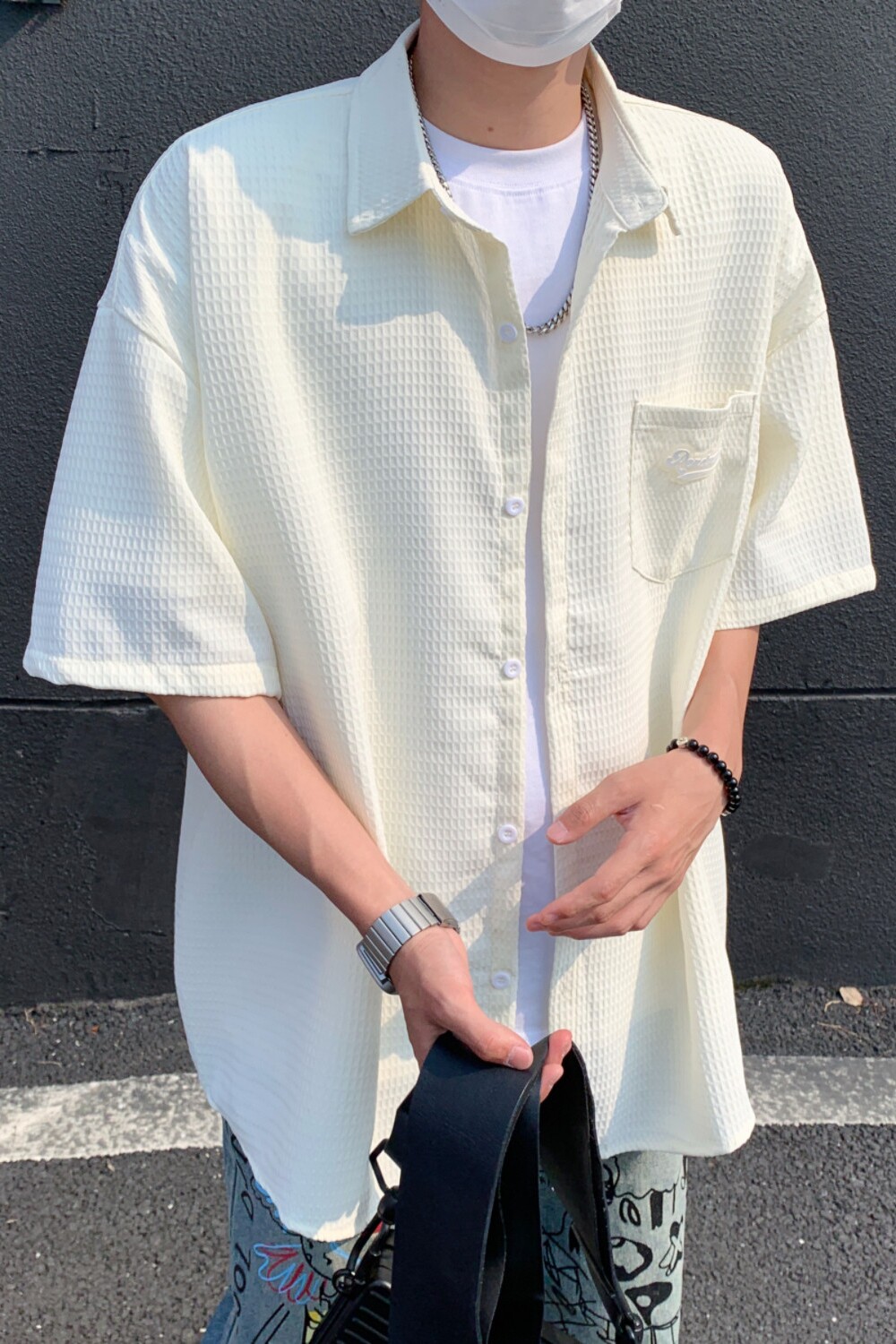 港风夏季清爽杏色宽松男女短袖衬衫C998P48,男装T恤,电商A433