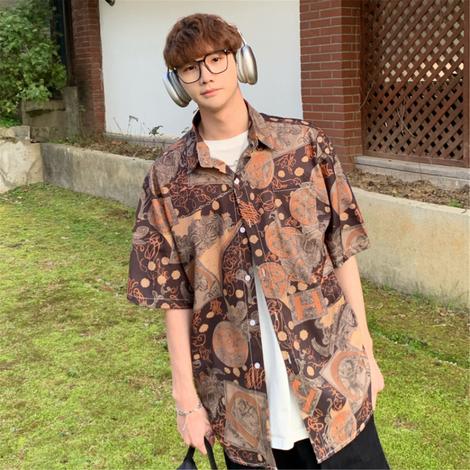 夏季红色宽松旅游男女情侣短袖花衬衫C1019P40,男装衬衫,电商A433