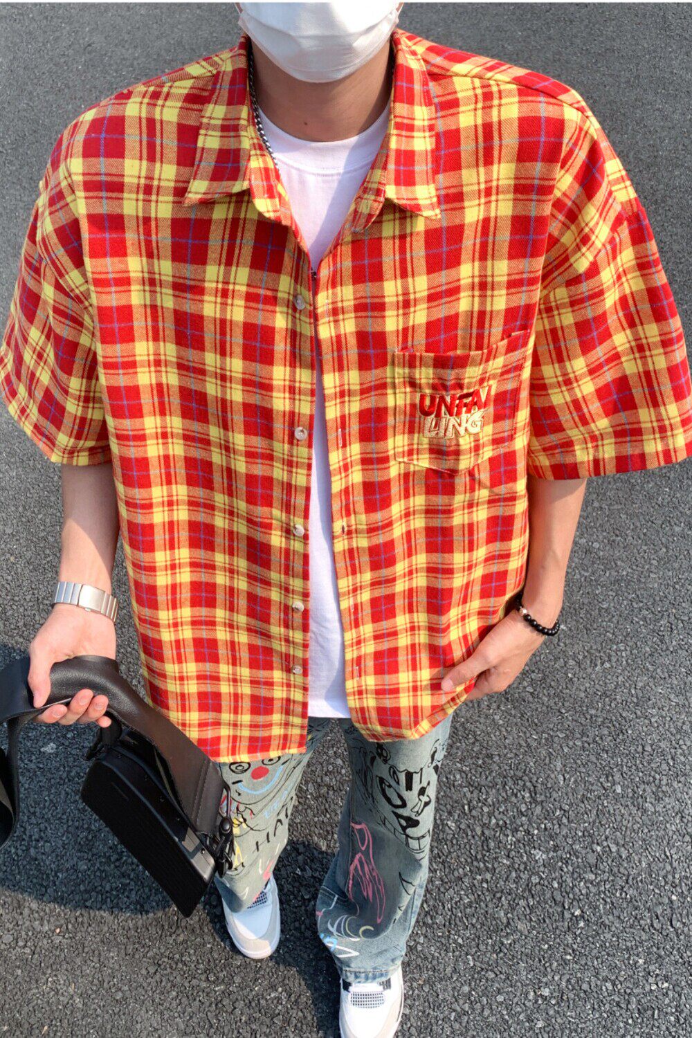 夏季港风格子刺绣男女短袖花衬衫C5596P48,男装T恤,电商A433