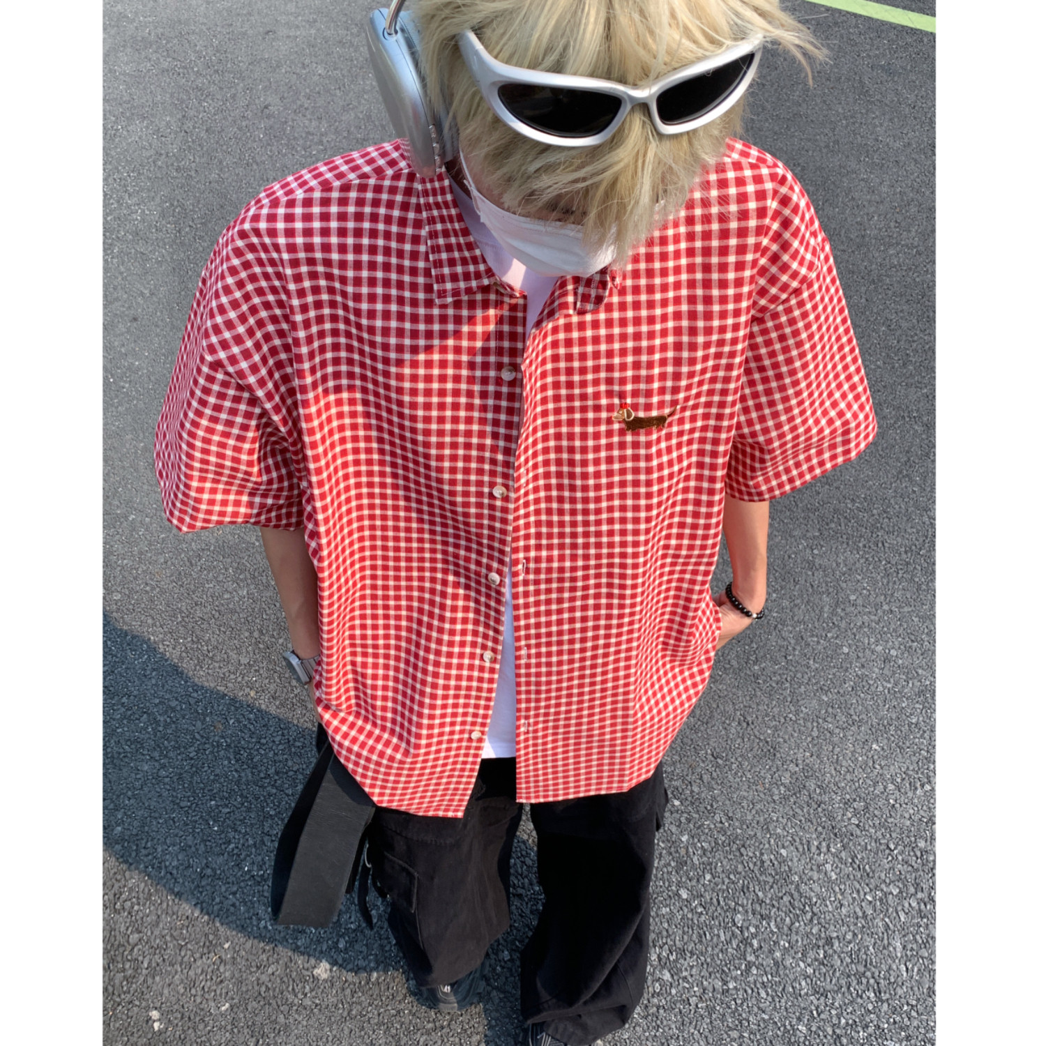 夏季格子宽松男女情侣短袖小狗刺绣衬衫C5591P48，男装T恤，电商A433