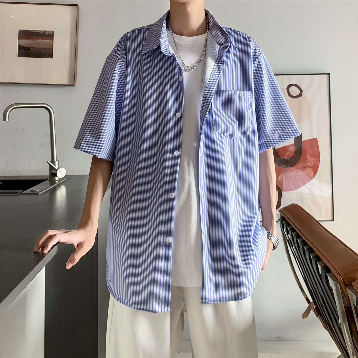 港风夏季蓝色条纹男女宽松情侣短袖衬衫C988P40,男装衬衫,电商A433