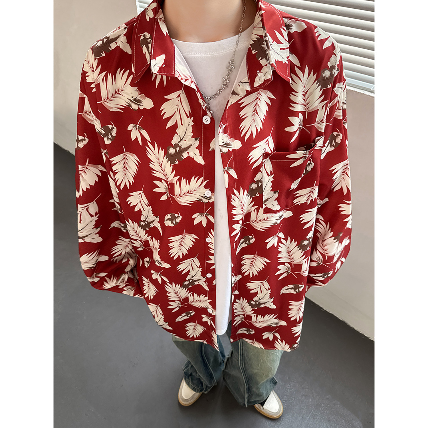 秋季港风宽松男女情侣长袖花衬衫上衣C5059P50,男装衬衫,电商A433
