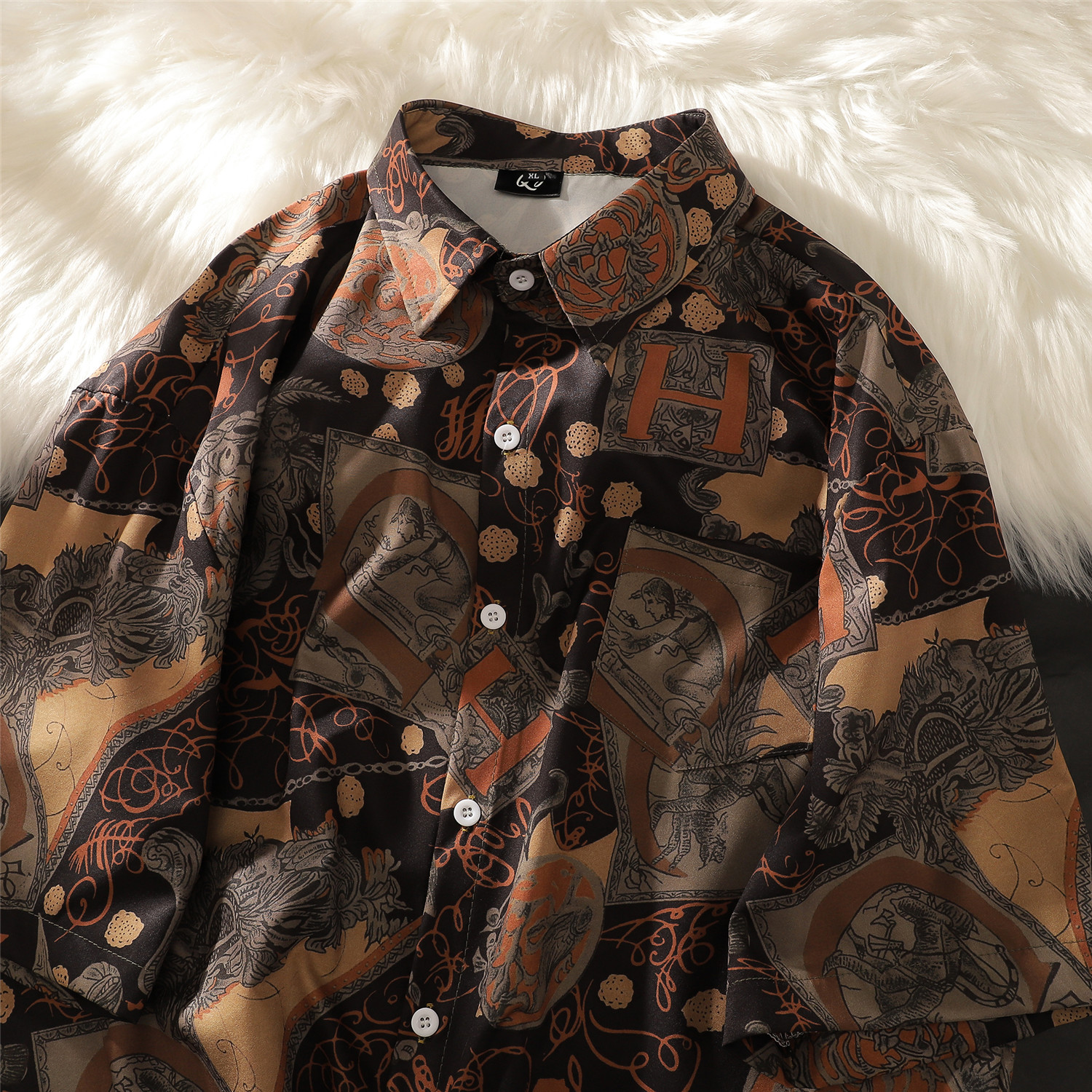 度假风古巴领冰丝泰国花短袖衬衫男夏威夷巴洛克美式沙滩半袖衬衣，男装防晒衣，电商A433