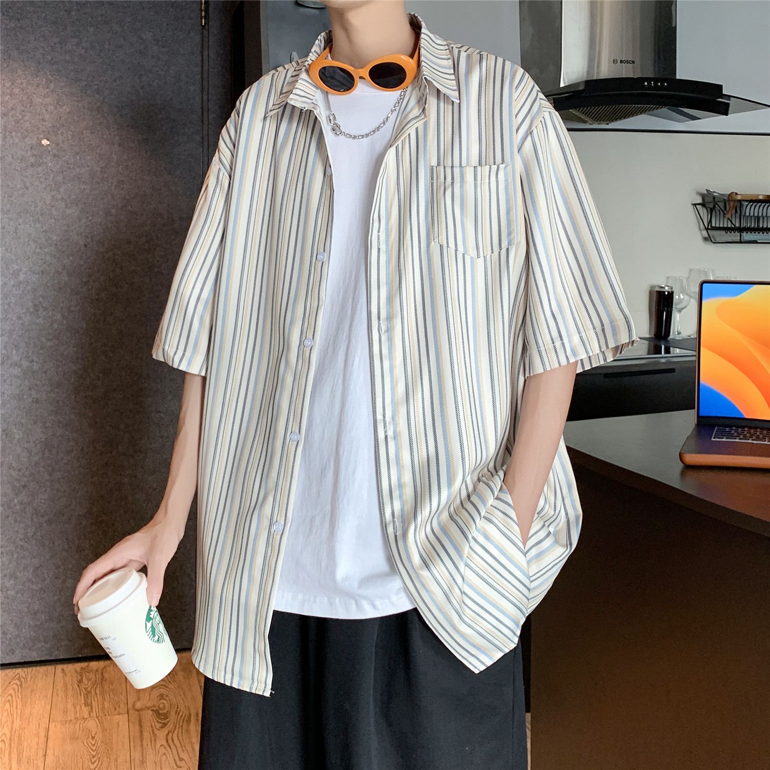 港风夏季蓝色条纹男女宽松情侣短袖衬衫C988P40,男装衬衫,电商A433