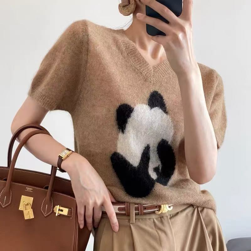 苏利羊驼毛V领短袖针织衫毛衣女