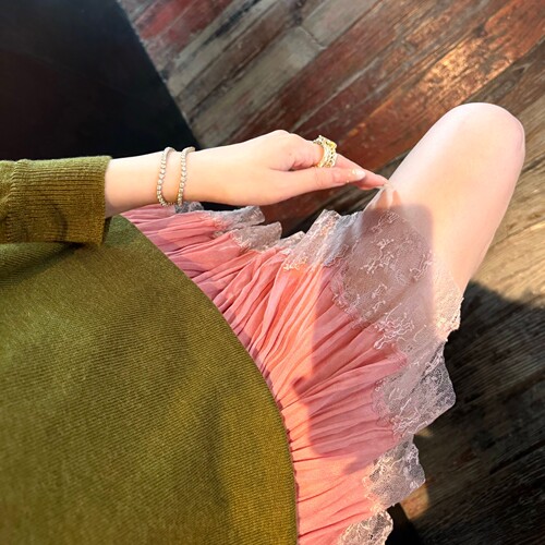 MISSCC rose同款s1p江板丽奈粉蕾丝纯欲百褶风琴蕾丝短裤裙裤女