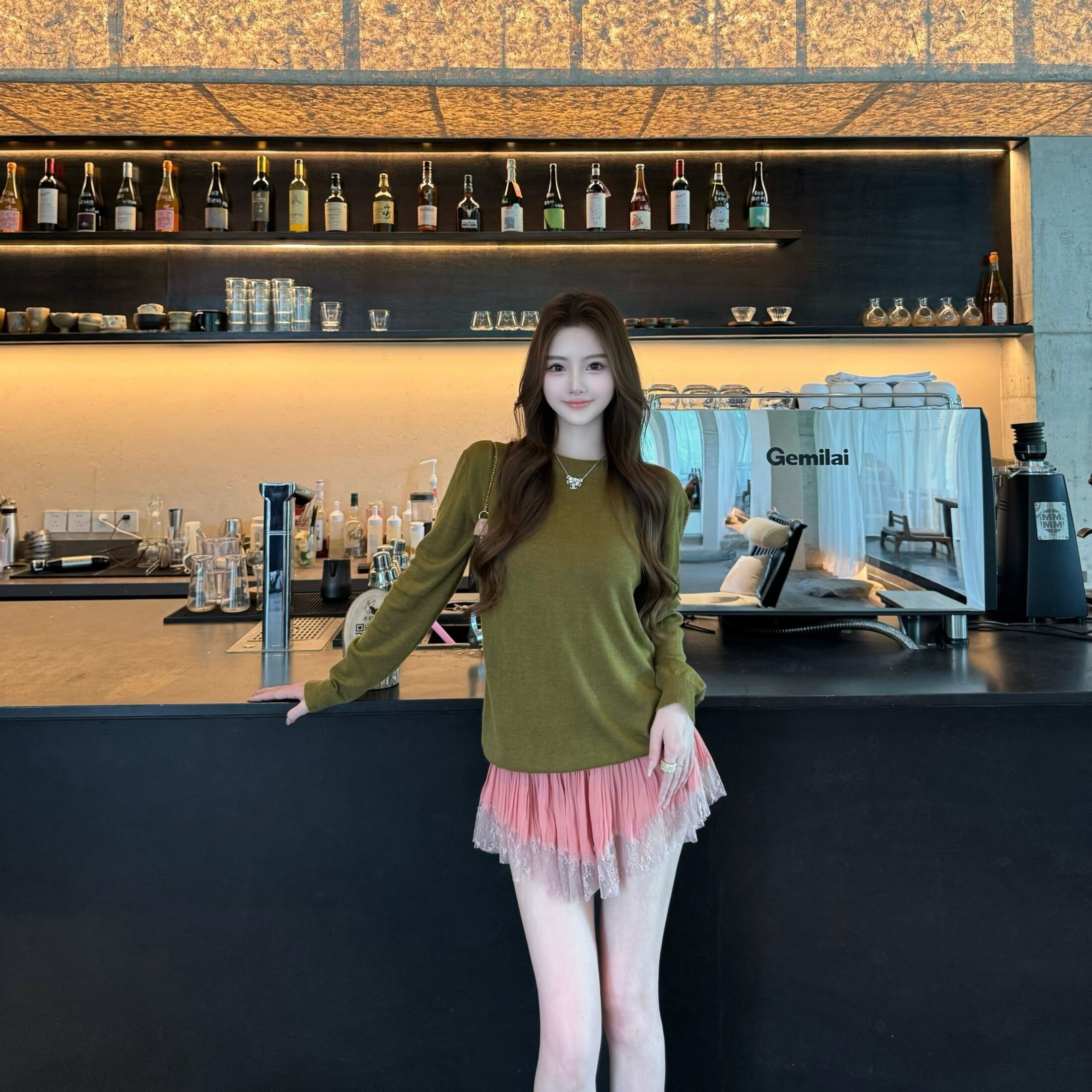 rose同款s1p定染抹茶色圆领毛衣图片