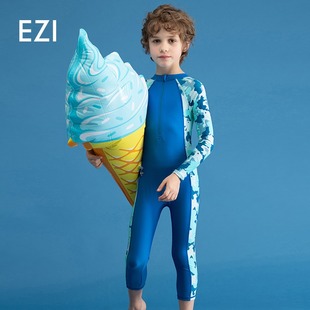 弈姿新款 游泳衣 男童连体平角泳衣中大童男孩舒适防晒温泉长袖