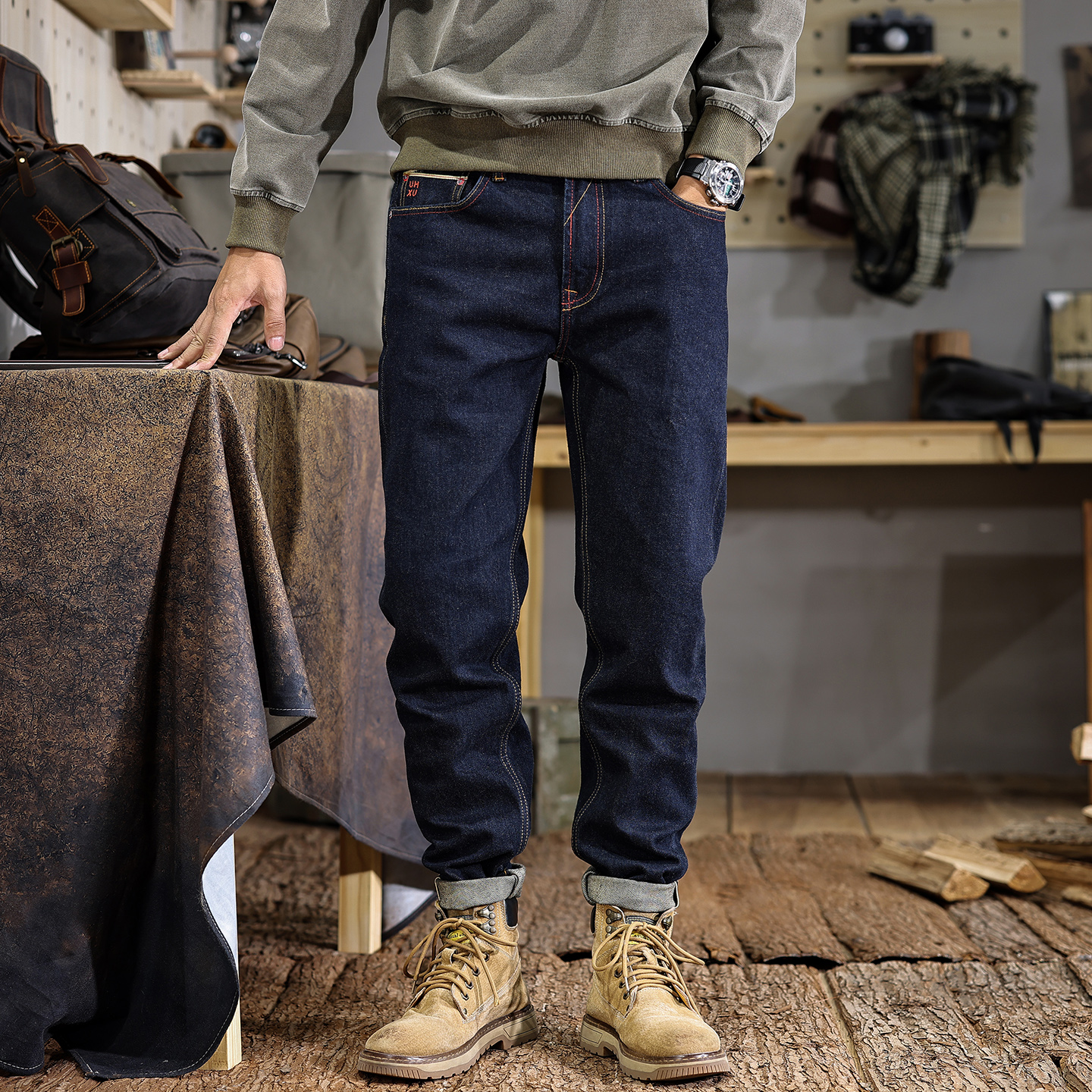 LUWN高端原色牛仔裤男士赤耳丹宁原牛微锥直筒裤14oz百搭秋季男裤