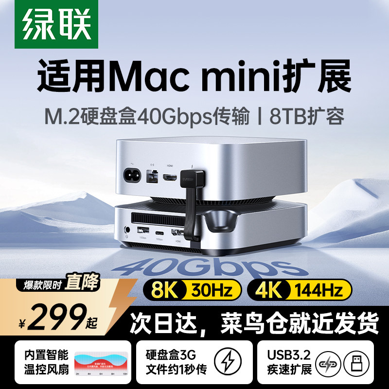 绿联typec拓展坞适用Macmini M4Pro转M.2硬盘盒扩容8T内存扩展USB传输10Gbps读卡多接口Mac mini桌面底座支架