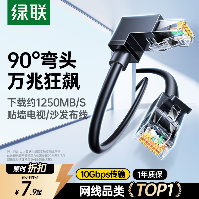 绿联弯头网线超六类万千兆家用90度转弯直角水晶头L型6纯铜路由器