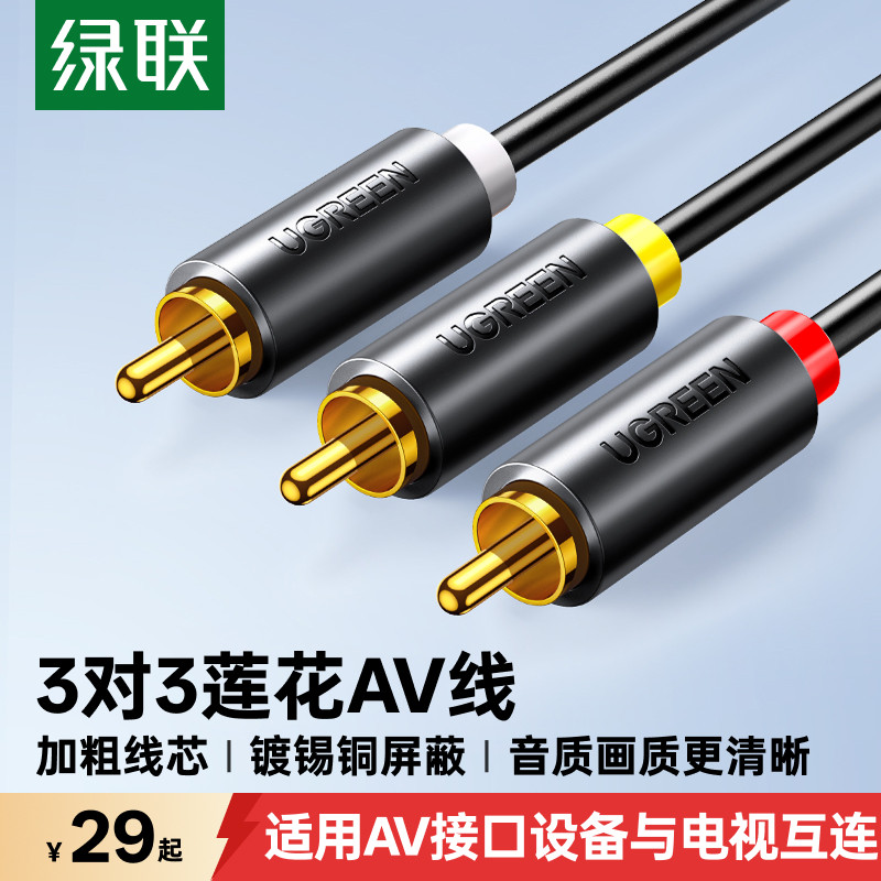 绿联av线三对三莲花头音频线dvd机顶盒子老电视信号连接线高清数据输出红黄白rca插头3对3三色线音视频转接线