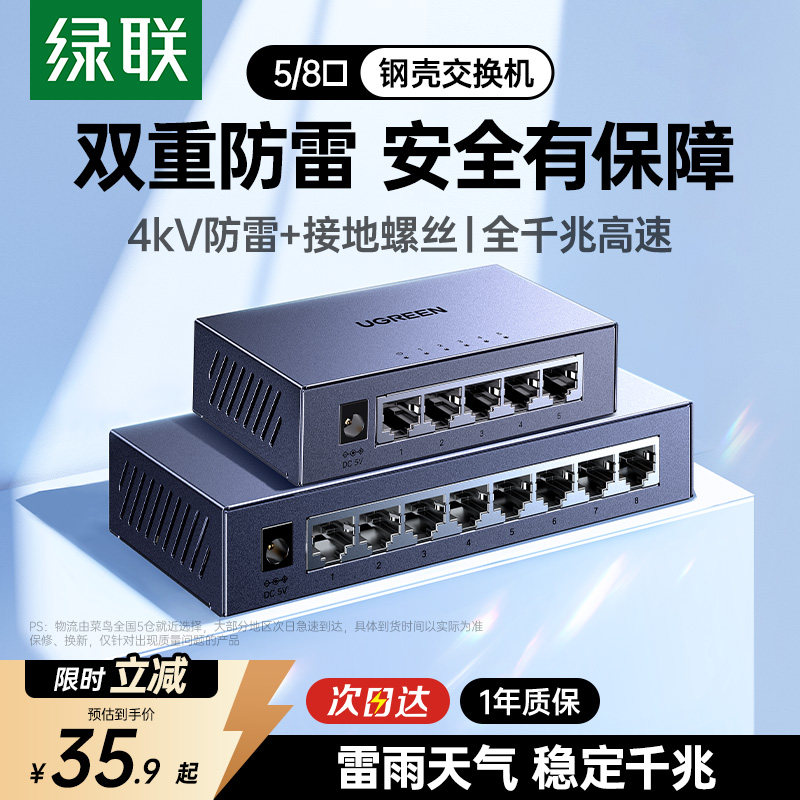 绿联千兆交换机3/5/8/16/24口光猫路由器网线口扩展转换多接口同时上网家用企业宽带监控百兆网络分流分线器