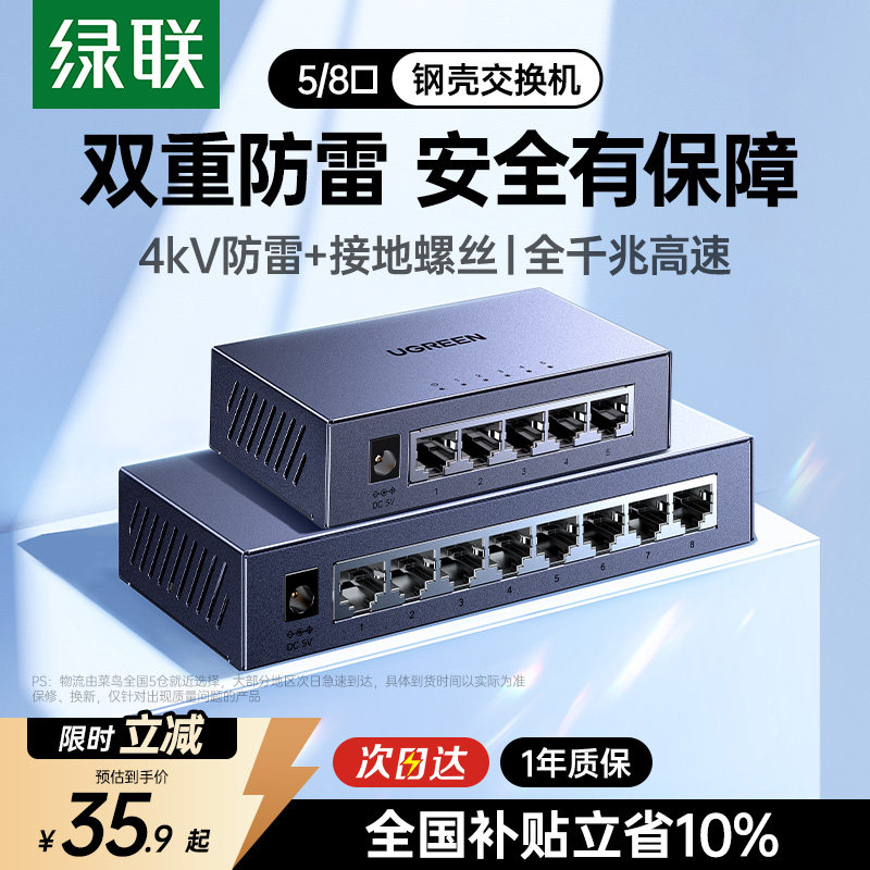 绿联千兆交换机3/5/8/16/24口光猫路由器网线口扩展转换多接口同时上网家用企业宽带监控百兆网络分流分线器