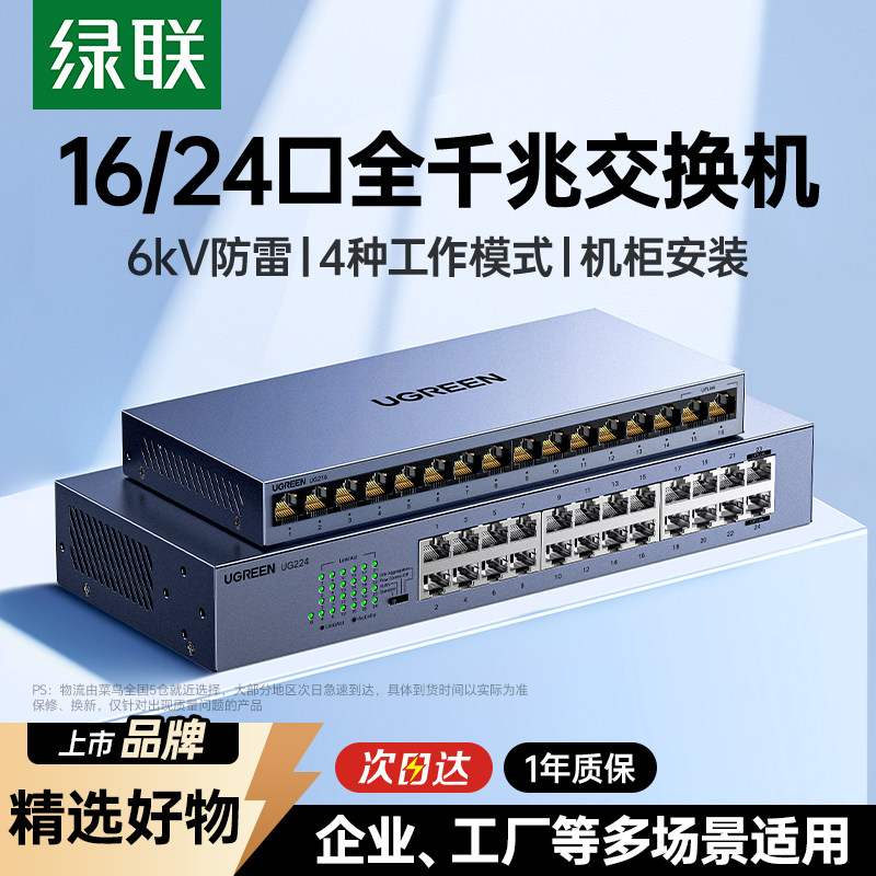 绿联工业交换机全千兆12/16/24口网络分线器网线路由交换器以太网转换接口家用企业专用监控摄像头带机柜挂耳