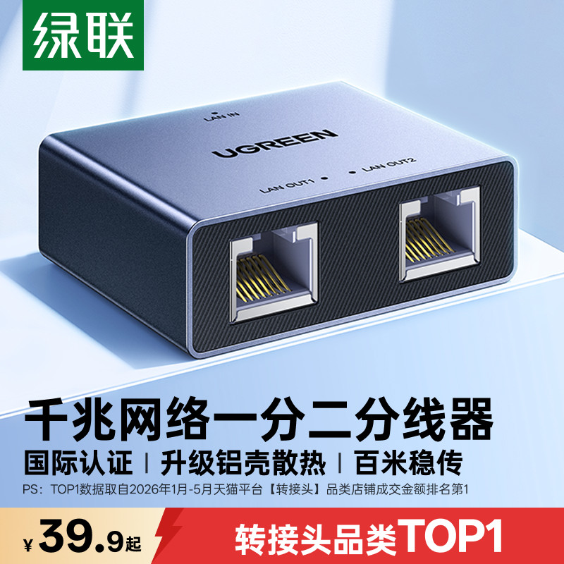 绿联网线网口一分二分线器千兆网络转换对接头转接口一拖二交换机