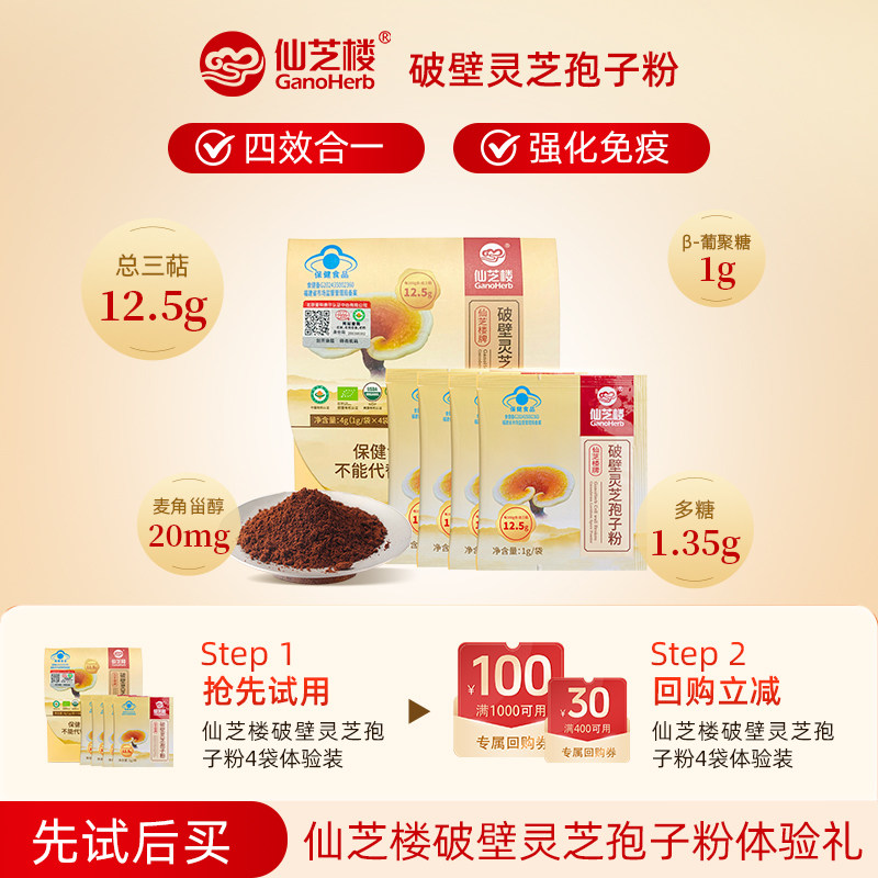 【会员专属】仙芝楼破壁灵芝孢子粉体验装1g*4袋增强免疫力