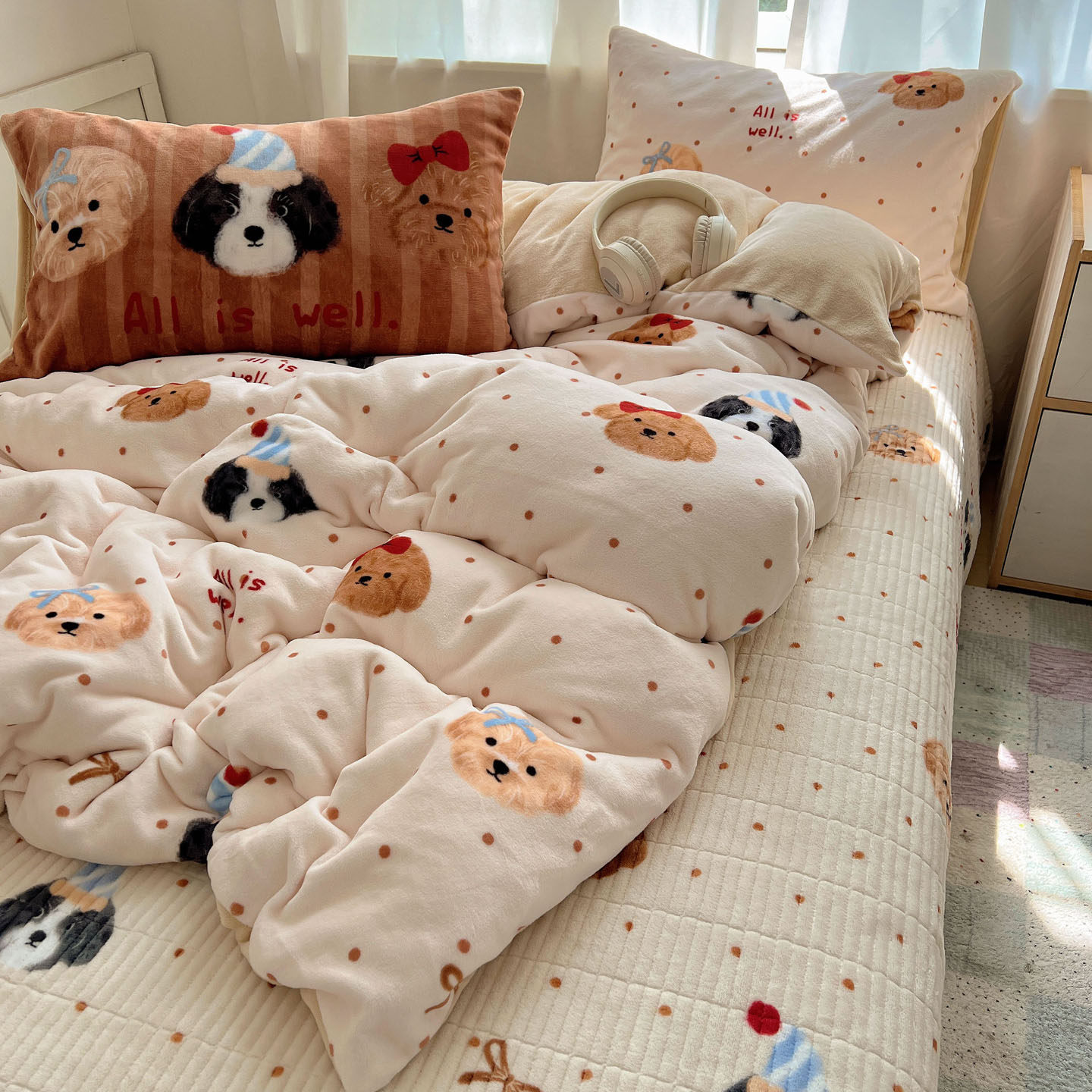 梨梦 幸运狗狗 可爱卡通牛奶绒四件套保暖珊瑚绒床单被套床上用品,床上用品,床品套件/四件套/多件套,淘宝优惠券,粉丝福利购,淘宝优惠卷