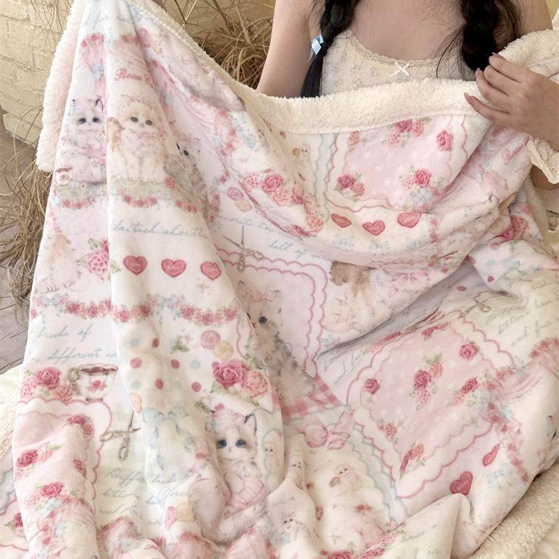 梨梦 玫瑰猫咪 lolita可爱牛奶绒毛毯珊瑚绒沙发盖毯午睡披肩毯子,床上用品,休闲毯/毛毯/绒毯,淘宝优惠券,粉丝福利购,淘宝优惠卷