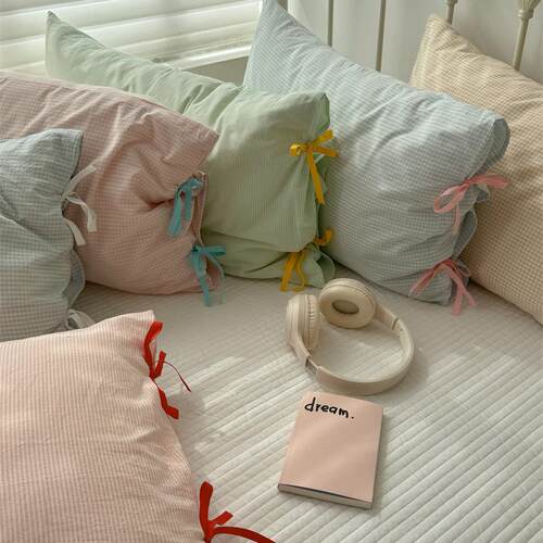 梨梦 ins少女心系带纯棉水洗棉单件枕套全棉枕头套48×74一对装