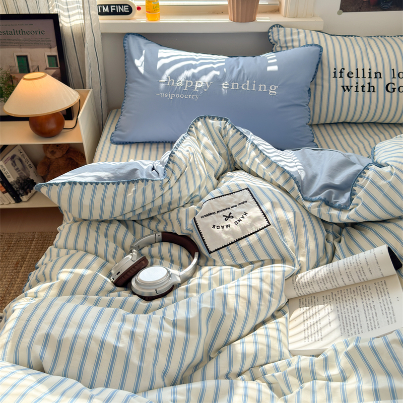 梨梦 淡味海盐 清新纯棉水洗棉四件套全棉床单被套床笠款床上用品