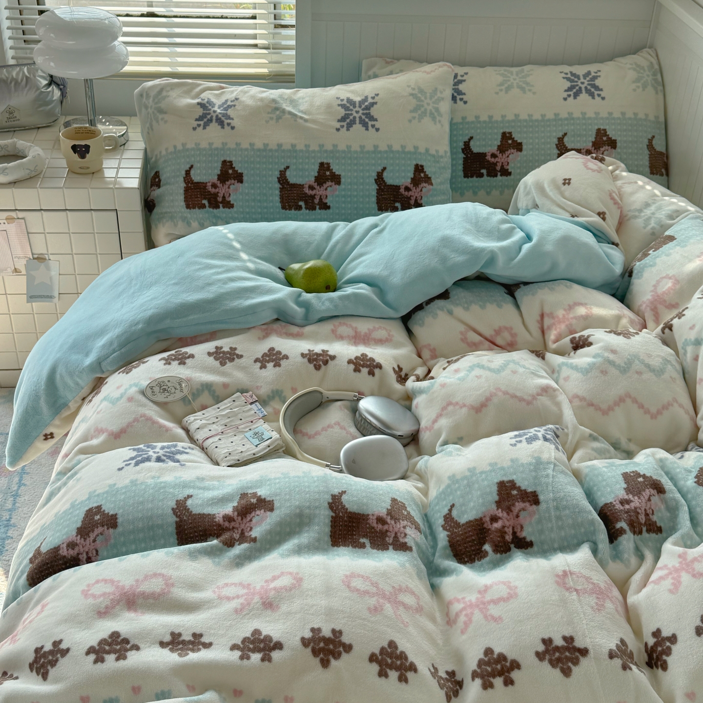 梨梦 ins可爱卡通费尔岛牛奶绒四件套保暖珊瑚绒床单被套床上用品