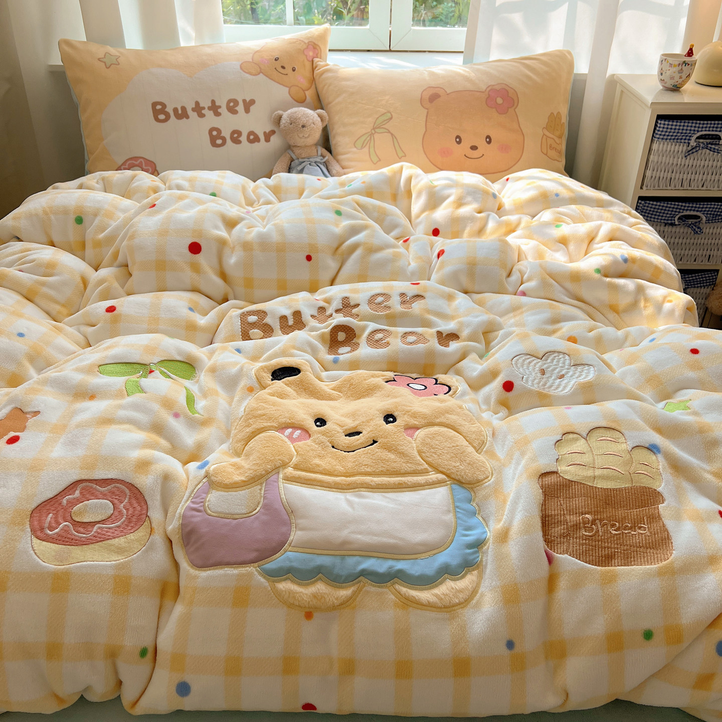 梨梦 黄格小熊 秋冬牛奶绒四件套秋冬保暖珊瑚绒学生床单被套床品,床上用品,床品套件/四件套/多件套,淘宝优惠券,粉丝福利购,淘宝优惠卷
