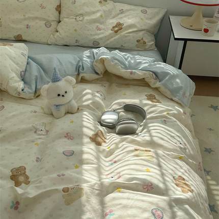 梨梦 奶油甜心熊 少女心可爱卡通纯棉四件套全棉床单被套床上用品