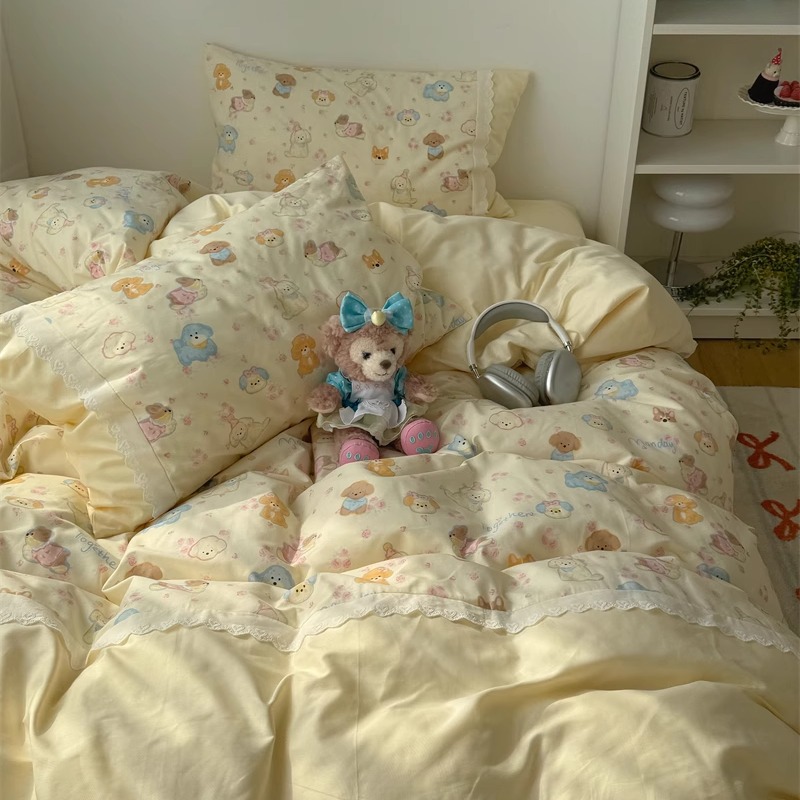 梨梦 小狗的聚会 可爱卡通少女心纯棉四件套全棉床单被套床上用品