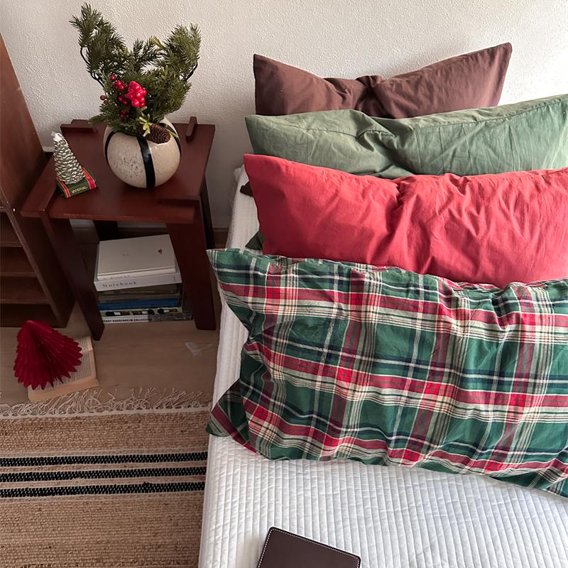 梨梦单品 ins格子百搭纯棉水洗棉单件枕套全棉枕头套48×74一对装