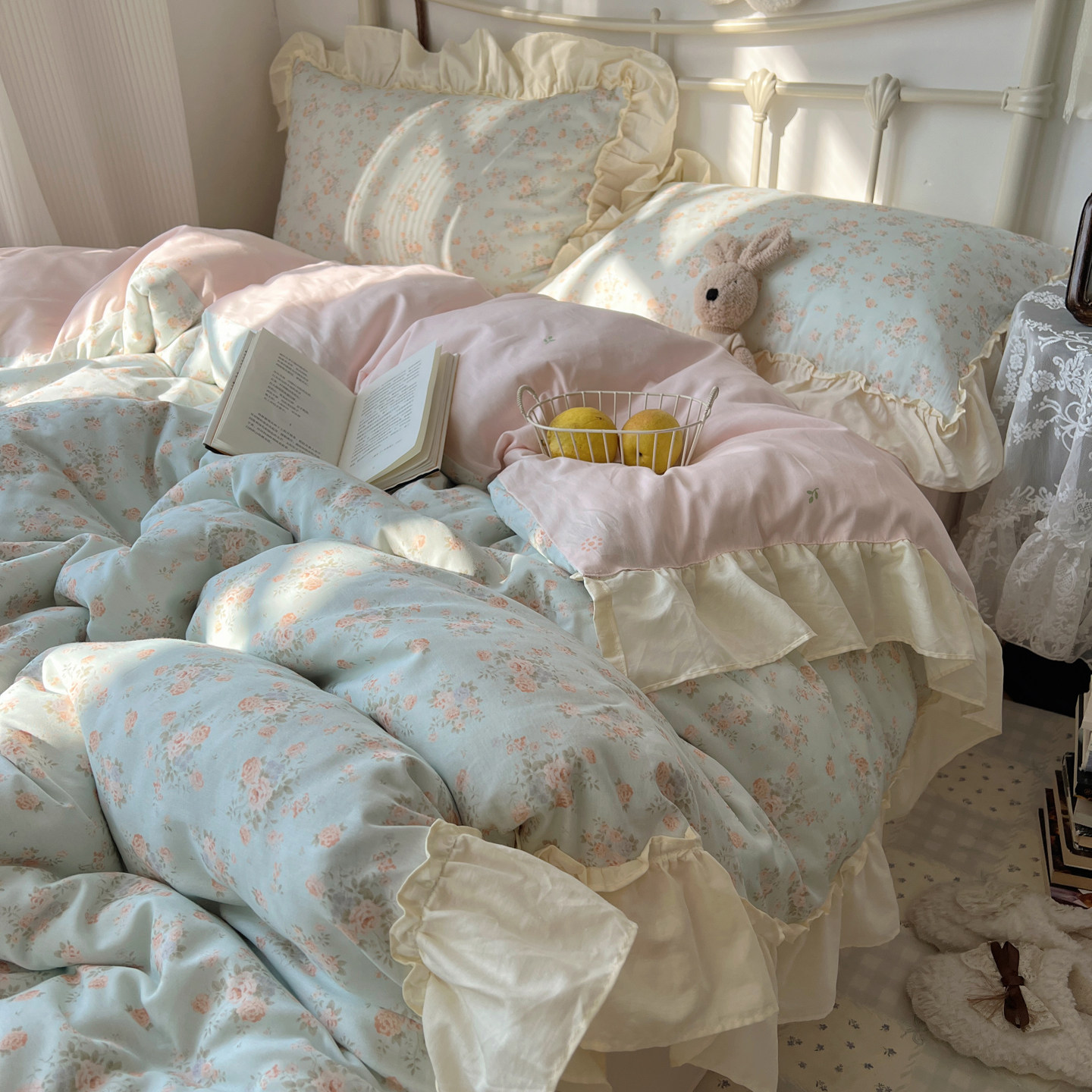 梨梦 法式山茶 复古花边碎花纯棉四件套全棉床单被套床笠床上用品,床上用品,床品套件/四件套/多件套,淘宝优惠券,粉丝福利购,淘宝优惠卷