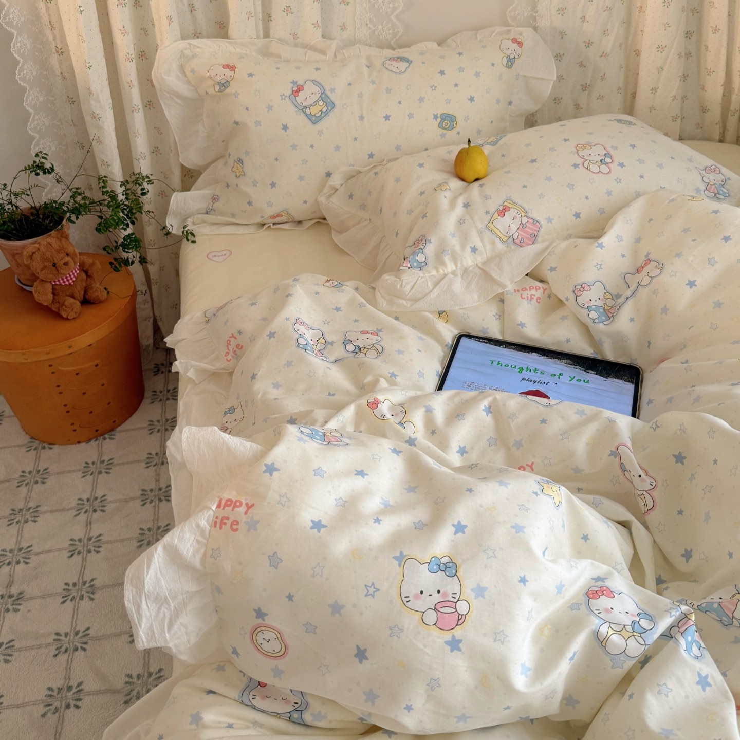 梨梦可爱喵喵纯棉花边款四件套全棉床单被套床笠单人宿舍床上用品,床上用品,床品套件/四件套/多件套,淘宝优惠券,粉丝福利购,淘宝优惠卷