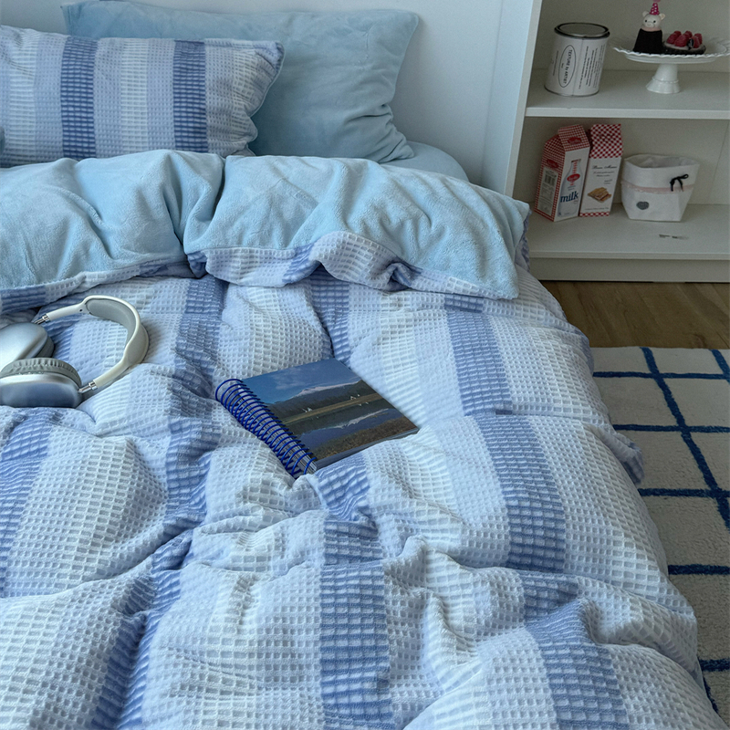 梨梦 ins日式简约华夫格保暖牛奶绒四件套床单被套珊瑚绒床上用品