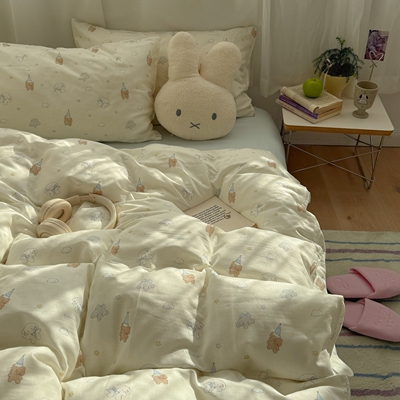 梨梦 云朵苏萨犬 卡通可爱纯棉双层纱四件套全棉床单被套床上用品
