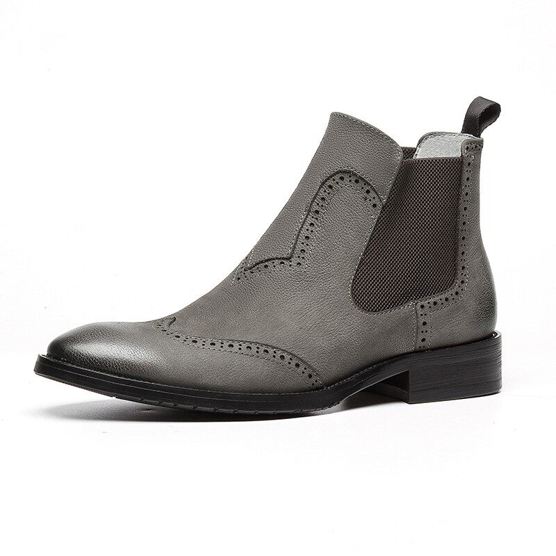 WINTER BRITISH SLIP BOOTS MENS LEATHER BOOTIES MENS HIGH-TOP SHOES POINTED-SCALP SHOES COWHIDE CARVED BOOTS CHELSEA BOOTS