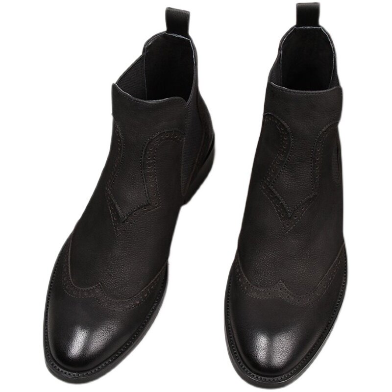 WINTER BRITISH SLIP BOOTS MENS LEATHER BOOTIES MENS HIGH-TOP SHOES POINTED-SCALP SHOES COWHIDE CARVED BOOTS CHELSEA BOOTS